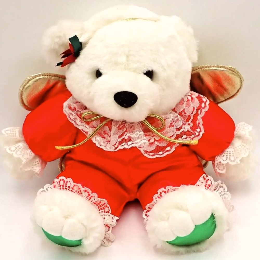Vintage Fordlet International Poofy Teddy Bear Angel Wings Christmas Satin Lace